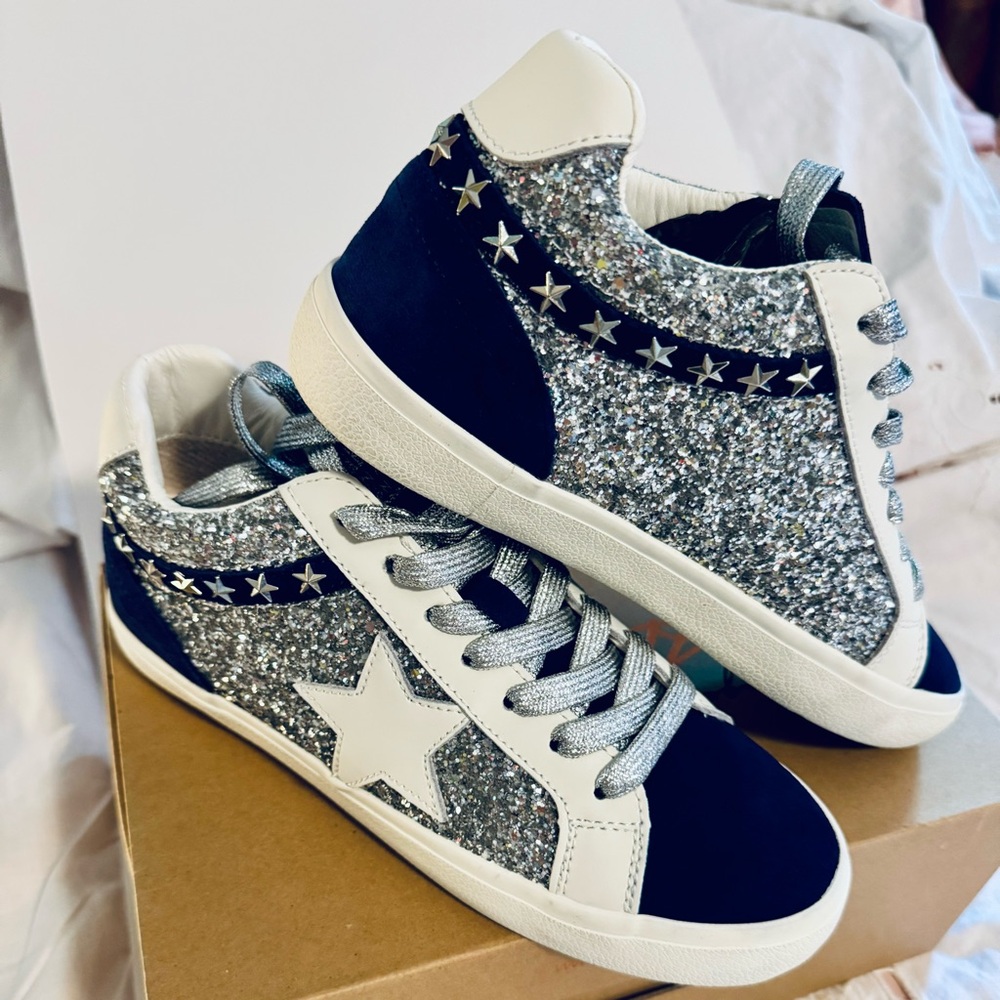 Vintage Havana Silver, Navy Blue and White Glitter Sneakers
